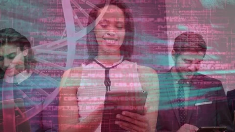 Animation of graphical rotating dna helix and coding over multiracial colleagues Stock Footage 329026712