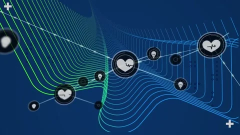 Animation of graphical wave pattern and moving heart and light icons Video stock 202329534