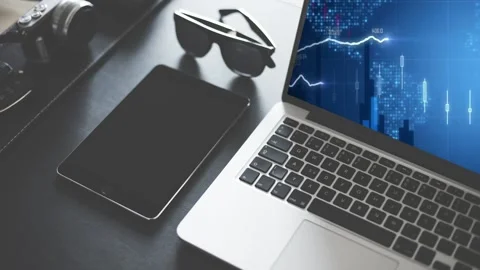 Animation of graphics on a laptop screen. Abstraction. Symbolizes wealth, sho Stock Footage 200844356