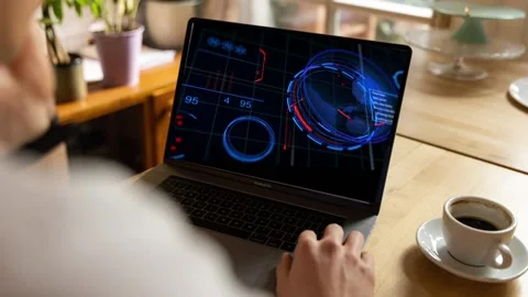 Animation of graphics on a laptop screen. Abstraction. Symbolizes wealth, sho 스톡 동영상 200844357