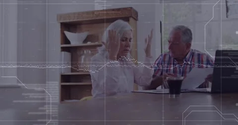 Animation of graphs, abstract pattern over frustrated caucasian woman talking 動画素材 329109895
