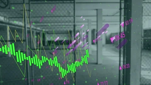 Animation of graphs, abstract pattern, trading board over basement of modern Stock Footage 327961883