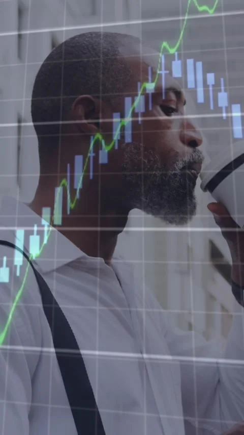 Animation of graphs, african american man using phone and drinking coffee while Stock Footage 344746145