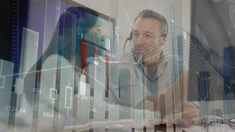 Animation of graphs and abstract pattern on diverse customer agents discussing Stock Footage 229214283