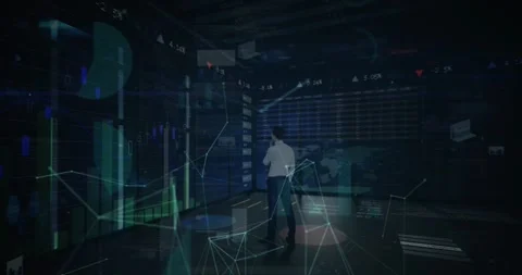 Animation of graphs and back view of caucasian businessman using touchscreen Stock Footage 327523621