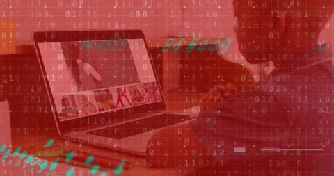 Animation of graphs and binary code over african american boy having online Stock Footage 328714239