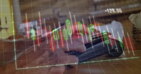 Animation of graphs and changing numbers over man paying bill using nfc 库存影片 328251823
