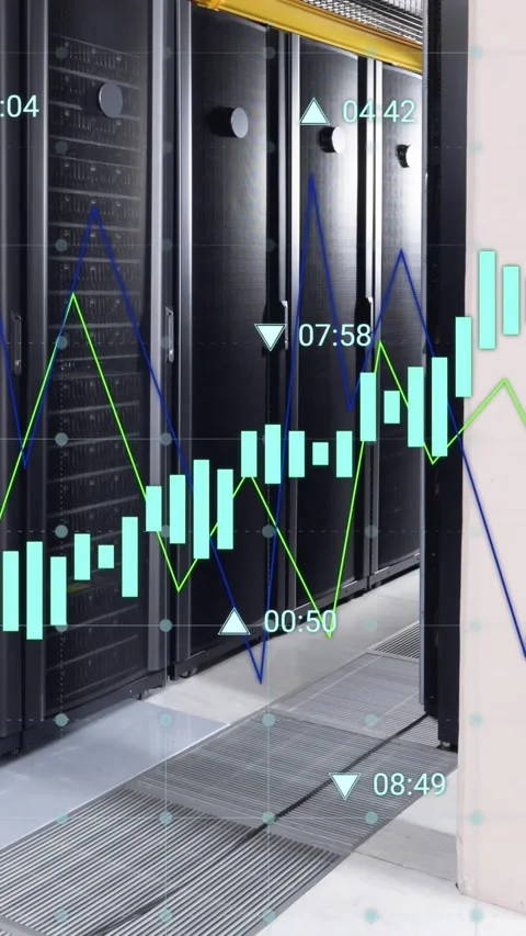 Animation of graphs and changing numbers over data server room Stock Footage 344723336