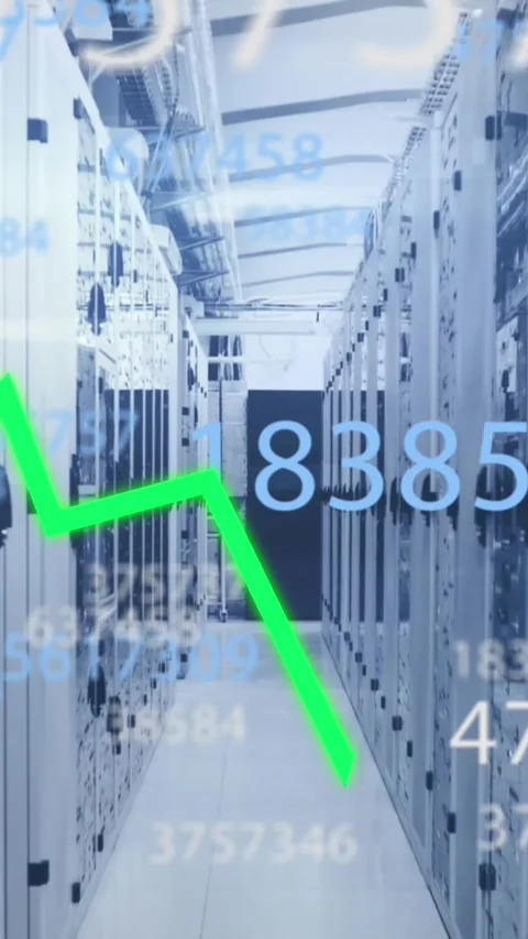 Animation of graphs and changing numbers with lens flares over data server room Stock Footage 344746055