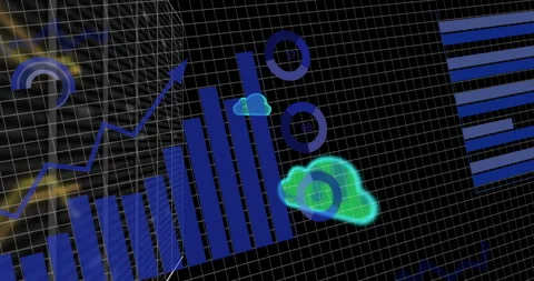 Animation of graphs and charts processing data and cloud icons over grid on Video stock 266202471