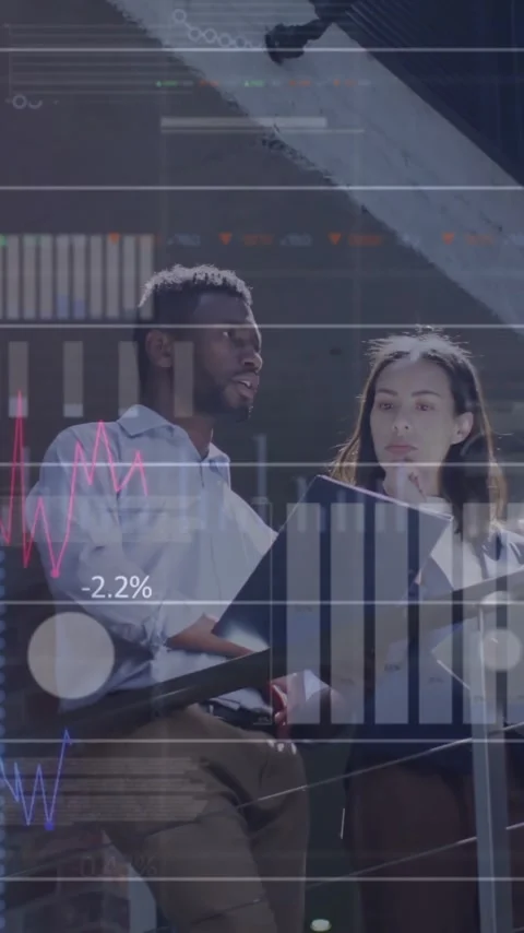 Animation of graphs and charts processing data over diverse casual business Stock Footage 342707769