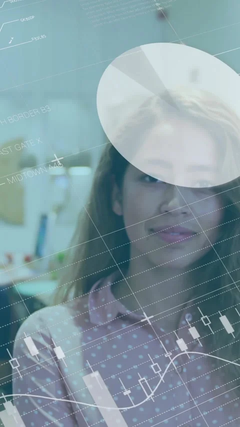Animation of graphs and charts processing data over happy businesswoman at Stock Footage 343996831