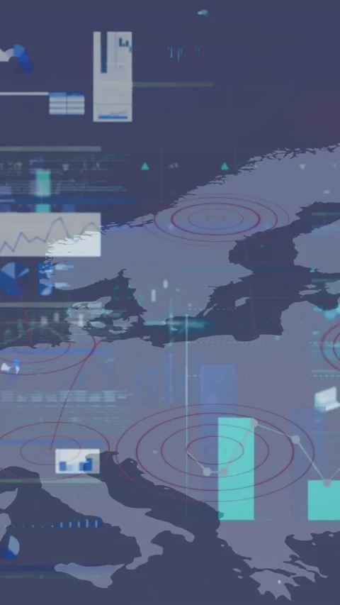 Animation of graphs and charts processing data over world map on black Stock Footage 344774487