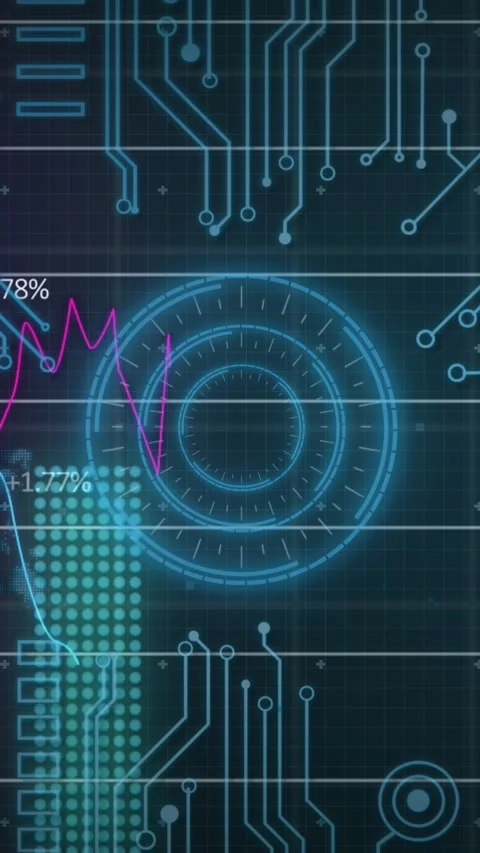 Animation of graphs and circles over circuit board pattern and globe against Stock Footage 321580499