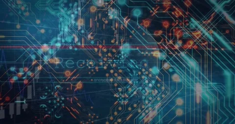 Animation of graphs and circuit board pattern over rotating globe against Stock Footage 257104400