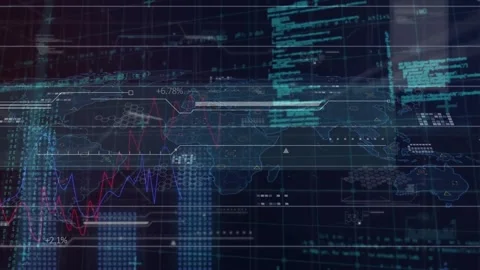 Animation of graphs and computer language over map, squares and hexagon pattern Stock Footage 233051971