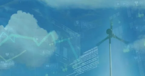 Animation of graphs and computer language over low angle view of windmill Stock Footage 329864184