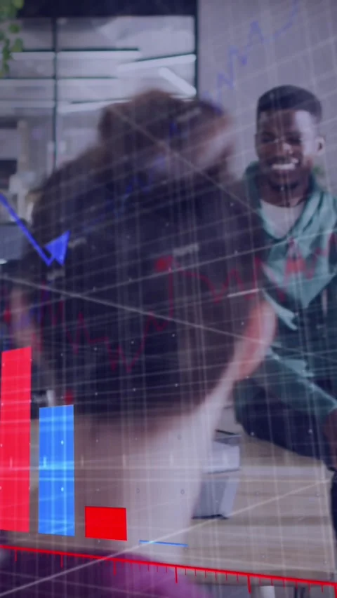 Animation of graphs and computer language, diverse coworkers discussing in Stock Footage 344783446
