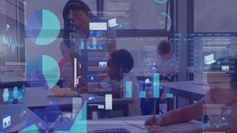 Animation of graphs and computer languages over diverse teacher assisting Stock Footage 229829650