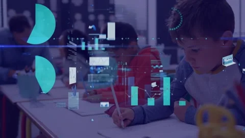Animation of graphs and computer languages over diverse students writing notes Stock Footage 328714698