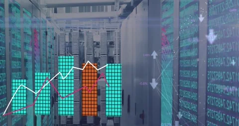 Animation of graphs and connected arrow signs forming globe over data center Stock Footage 330105971