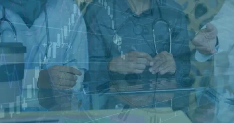 Animation of graphs and data over midsection of diverse female and male doctors Stock-Footage 326299135