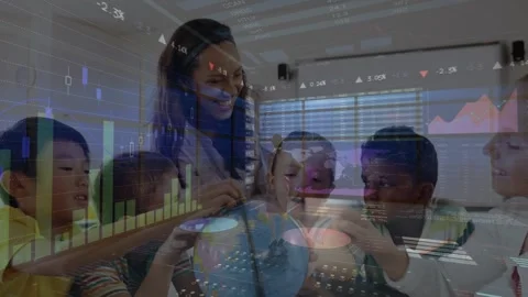 Animation of graphs and data over female teacher and class of diverse pupils Stock Footage 327007439