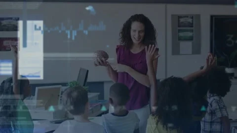 Animation of graphs and data over caucasian female teacher and class of diverse Stock Footage 328145099