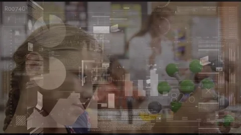 Animation of graphs and data over caucasian boy playing with molecule model Video stock 328523243