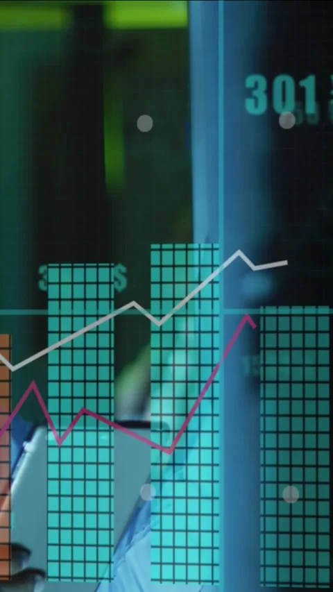 Animation of graphs and data over african american man in server room Stock Footage 342594084