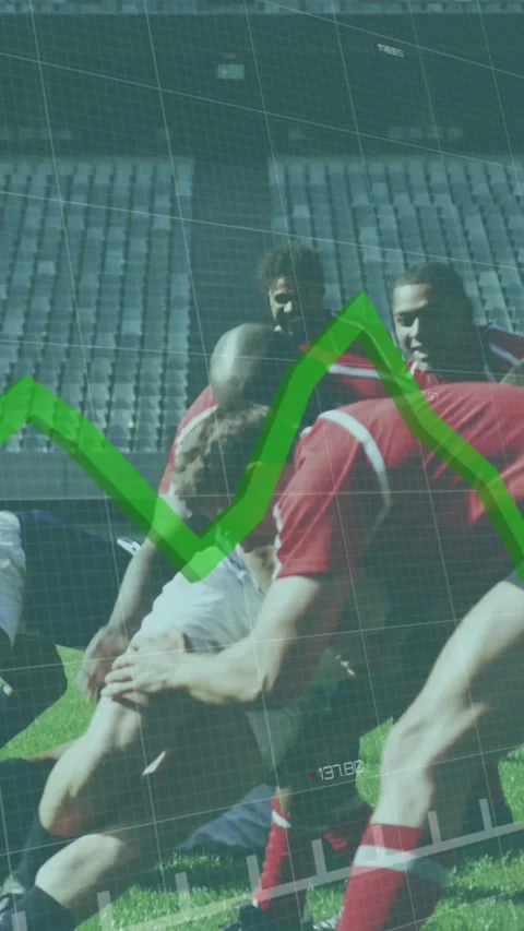 Animation of graphs and data over two multi-ethnic rugby teams playing rugby Stock Footage 342608147