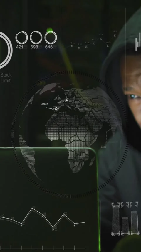 Animation of graphs and data over african american man working on laptop in Stock Footage 342641871