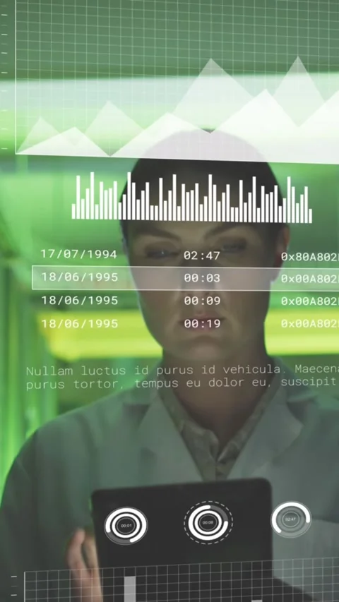 Animation of graphs and data over caucasian woman working in server room Stock Footage 342641947