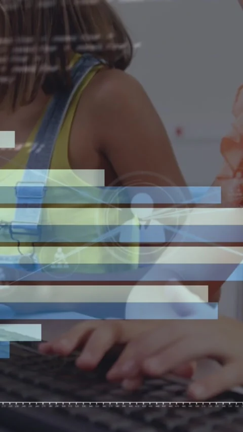 Animation of graphs and data processing over caucasian girl using computer at Stock Footage 342805803