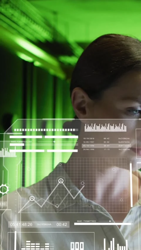 Animation of graphs and data on screens over caucasian woman working in server Stock Footage 342608042