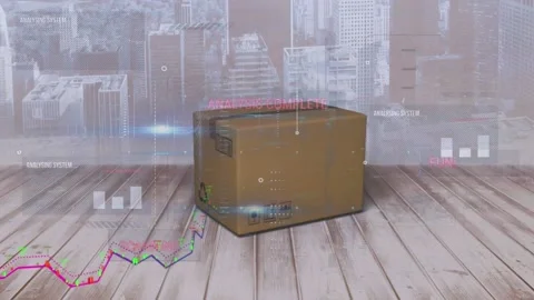 Animation of graphs and financial data over package and cityscape Video stock 199372075