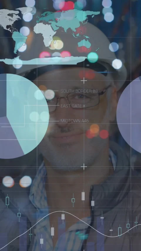 Animation of graphs and financial data over happy caucasian male warehouse 스톡 동영상 323578824