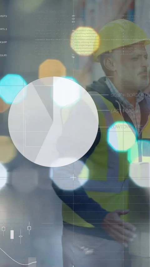 Animation of graphs and financial data over caucasian male warehouse worker 스톡 동영상 323578829