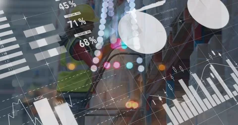 Animation of graphs and financial data over caucasian female warehouse worker 스톡 동영상 329495276