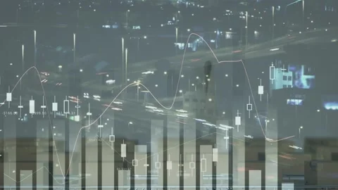 Animation of graphs and financial data over timelapse with night road traffic Stock Footage 329967622