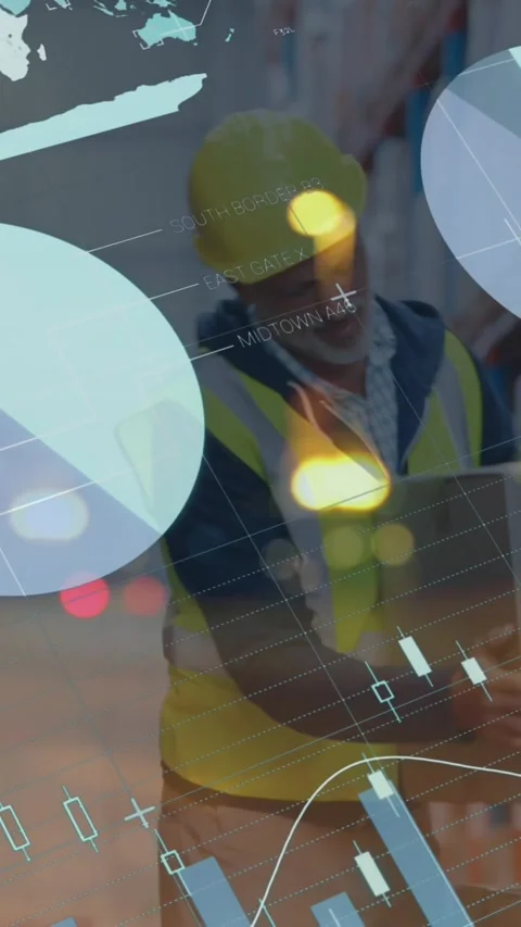 Animation of graphs and financial data over caucasian male warehouse worker Stock Footage 342009152