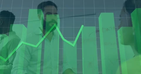 Animation of graphs and grid pattern over diverse coworkers sharing ideas in Video stock 327783557