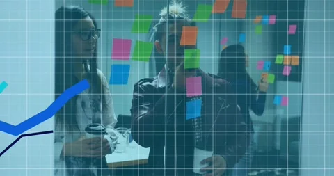 Animation of graphs and grid pattern over diverse coworkers discussing strategy Stock Footage 327961952