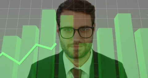 Animation of graphs and grid pattern over close up of smiling caucasian man Stock Footage 330771835