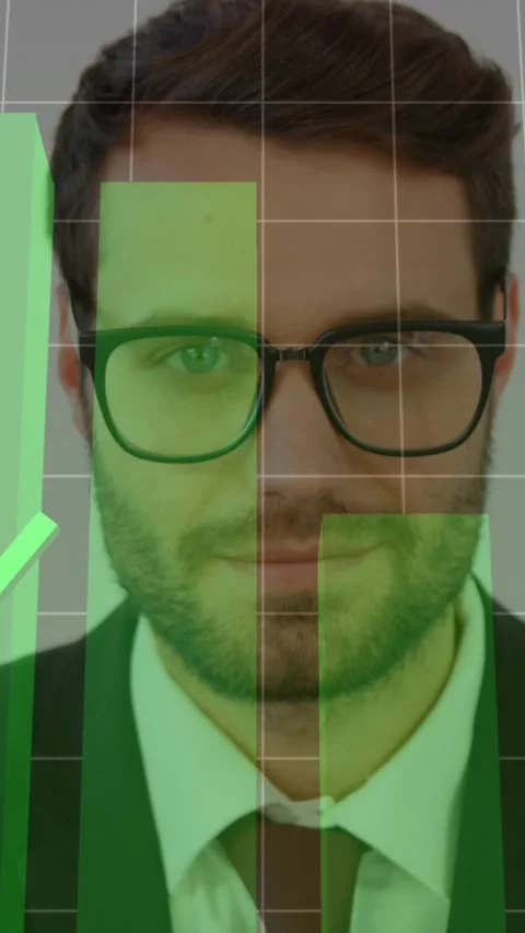 Animation of graphs and grid pattern over close up of smiling caucasian man Stock Footage 342707586