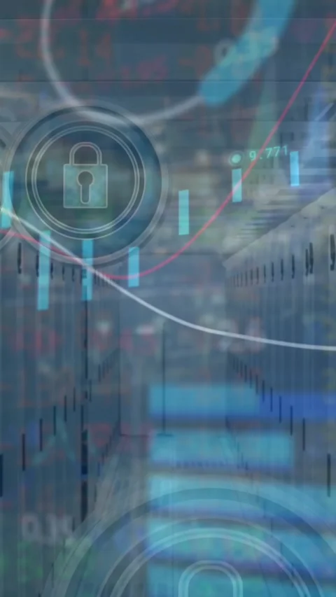 Animation of graphs and icons over trading board against server room in Stock Footage 344745842