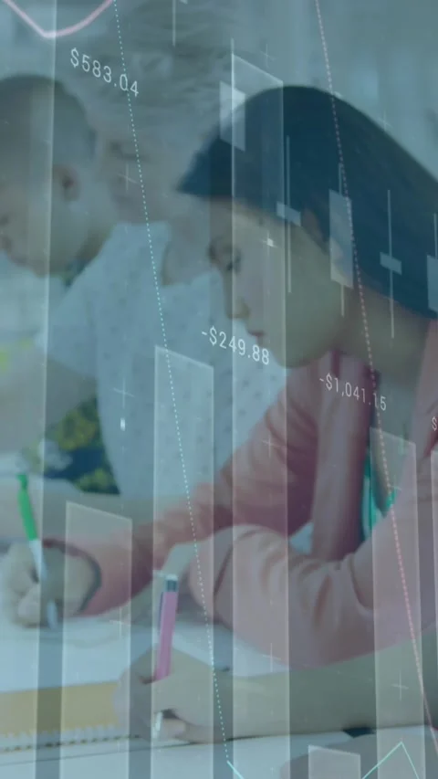 Animation of graphs and increasing numbers over diverse coworkers drawing on Stock Footage 344524761