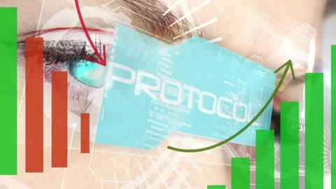 Animation of graphs and interface with data processing over close up of female Stock Footage 329361693