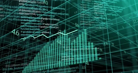 Animation of graphs and layers of data processing over 3d grid on black Stock Footage 220941994