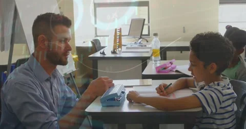 Animation of graphs and loading circle over diverse male teacher talking with Stock Footage 327782088